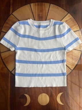 White and blue striped top